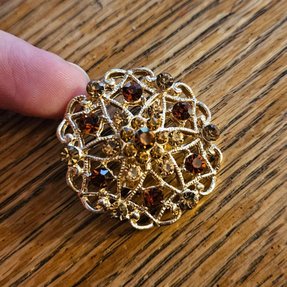 Floral Renaissance Retro Style Brown Rhinestone Encrusted Gold-Tone Brooch